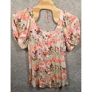 Free People Callie Mini‎ Dress Womens Medium Multicolor Puff Sleeve Button Front